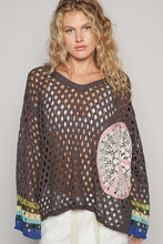 Charcoal V-Neck Long Sleeve Crochet Peace Thin Sweater Top
