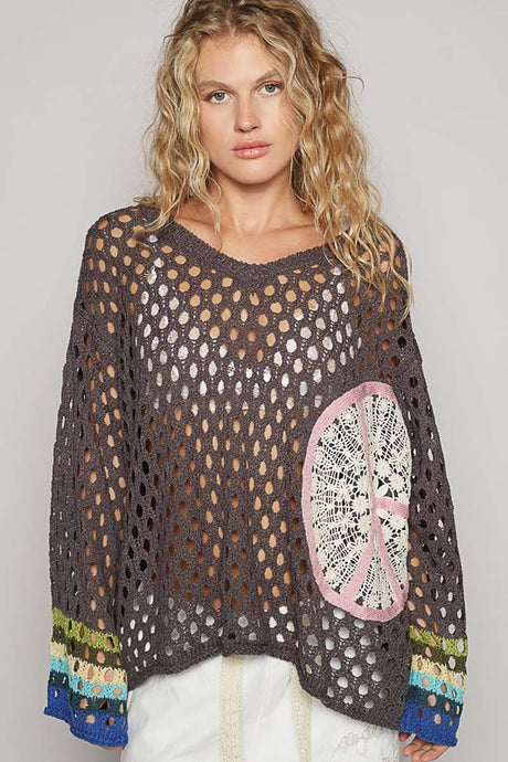 Charcoal V-Neck Long Sleeve Crochet Peace Thin Sweater Top