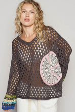 Charcoal V-Neck Long Sleeve Crochet Peace Thin Sweater Top