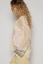 Beige V-Neck Long Sleeve Crochet Peace Thin Sweater Top