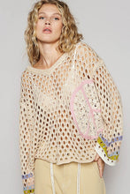 Beige V-Neck Long Sleeve Crochet Peace Thin Sweater Top