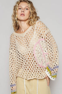 Beige V-Neck Long Sleeve Crochet Peace Thin Sweater Top