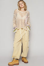 Beige V-Neck Long Sleeve Crochet Peace Thin Sweater Top