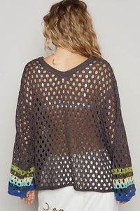 Charcoal V-Neck Long Sleeve Crochet Peace Thin Sweater Top