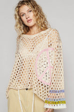 Beige V-Neck Long Sleeve Crochet Peace Thin Sweater Top