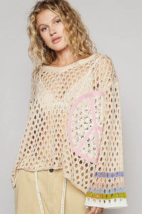 Beige V-Neck Long Sleeve Crochet Peace Thin Sweater Top