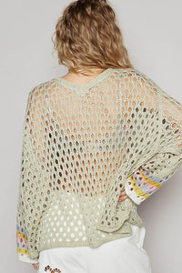 Sage V-Neck Long Sleeve Crochet Peace Thin Sweater Top