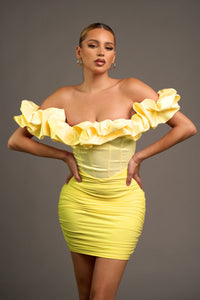 Lemon Luxe Ruffled Off Shoulder Contrast Mini Dress