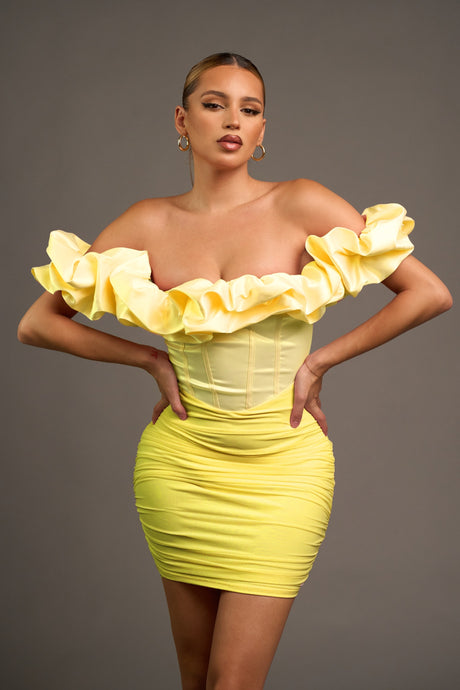Lemon Luxe Ruffled Off Shoulder Contrast Mini Dress
