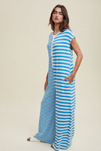 Blue/White Multi-Striped Button-Up Jumpsuit