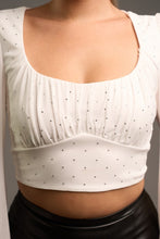 Off White Luxe Mesh Hotfix Stones Square Neck Peasant Top