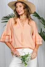 Peach Tie Neck Layered Ruffle Short Sleeve Top
