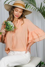 Peach Tie Neck Layered Ruffle Short Sleeve Top