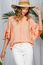 Peach Tie Neck Layered Ruffle Short Sleeve Top