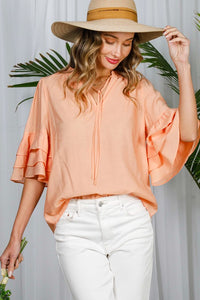 Peach Tie Neck Layered Ruffle Short Sleeve Top