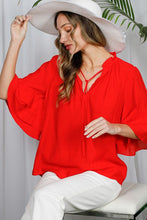 Red Tie Neck Layered Ruffle Short Sleeve Top