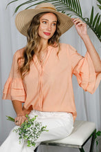 Peach Tie Neck Layered Ruffle Short Sleeve Top