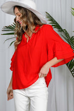 Red Tie Neck Layered Ruffle Short Sleeve Top
