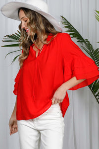 Red Tie Neck Layered Ruffle Short Sleeve Top