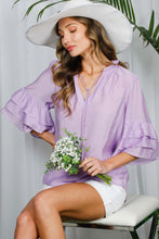 Lavender Tie Neck Layered Ruffle Short Sleeve Top