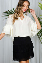 Off White Tie Neck Layered Ruffle Short Sleeve Top