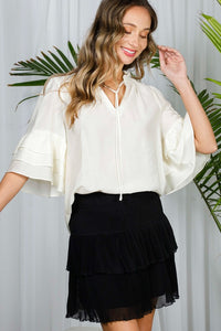 Off White Tie Neck Layered Ruffle Short Sleeve Top