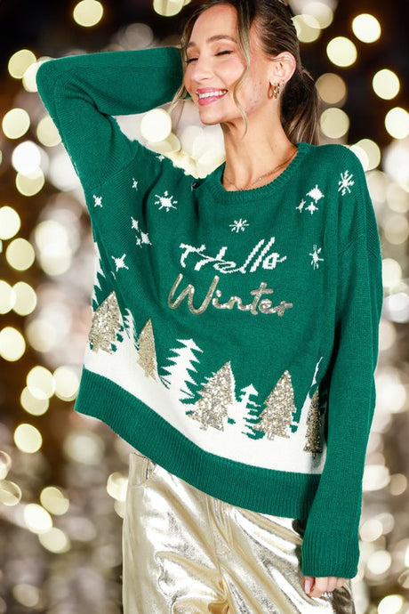 Green Hello Winter Tree Sequin Detail Sweater