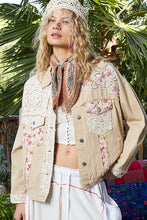 Cream Vintage Washed Lace Floral Patches Denim Jacket