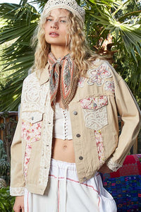Cream Vintage Washed Lace Floral Patches Denim Jacket