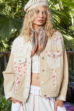 Cream Vintage Washed Lace Floral Patches Denim Jacket