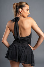 Black Glitter Mesh Ruffled Draped Ruched Skater Dress