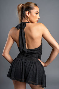 Black Glitter Mesh Ruffled Draped Ruched Skater Dress