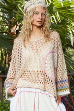 Beige V-Neck Long Sleeve Crochet Peace Thin Sweater Top