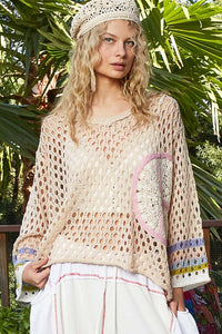 Beige V-Neck Long Sleeve Crochet Peace Thin Sweater Top