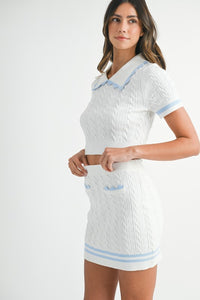 Lt Blue Contrast Color Cable Knit Top And Skirt Set