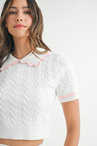 Lt Pink Contrast Color Cable Knit Top And Skirt Set