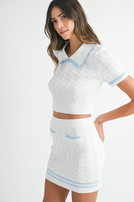 Lt Blue Contrast Color Cable Knit Top And Skirt Set
