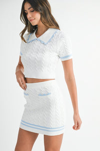 Lt Blue Contrast Color Cable Knit Top And Skirt Set
