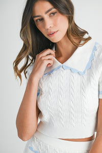 Lt Blue Contrast Color Cable Knit Top And Skirt Set
