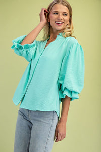 Emerald 3/4 Length Gathered Balloon Sleeve Blouse
