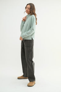 Sage/Off White Striped Half-Zip Pullover