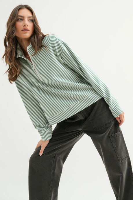 Sage/Off White Striped Half-Zip Pullover