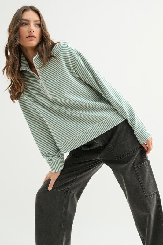 Sage/Off White Striped Half-Zip Pullover