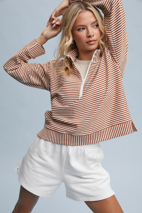 Rust/Cream Striped Half-Zip Pullover