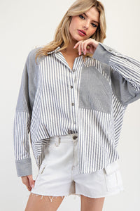 Denim Mineral Washed Color Block Striped Shirt