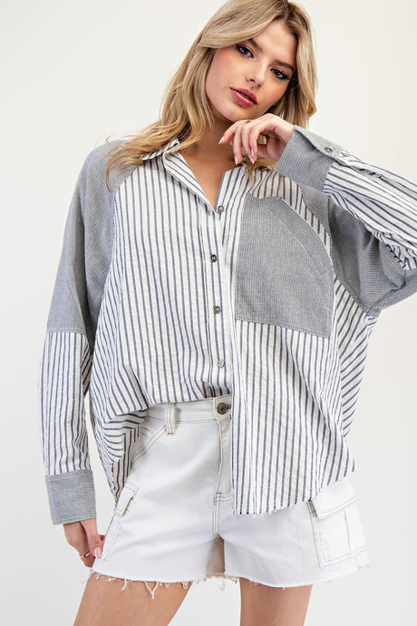 Denim Mineral Washed Color Block Striped Shirt