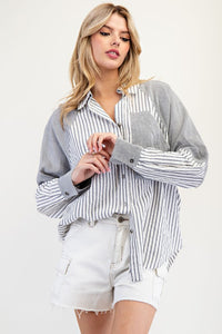 Denim Mineral Washed Color Block Striped Shirt