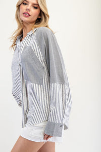 Denim Mineral Washed Color Block Striped Shirt