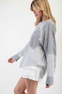 Denim Mineral Washed Color Block Striped Shirt