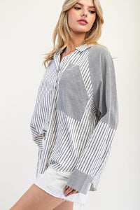 Denim Mineral Washed Color Block Striped Shirt